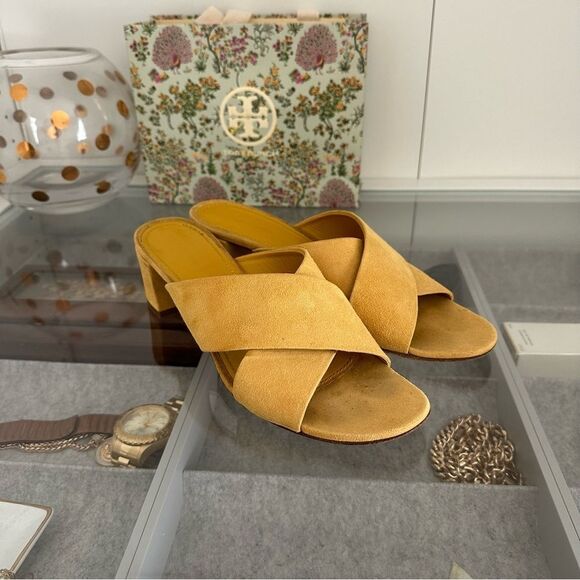 Mansur Gavriel Yellow Sun Suede Crisscross Crossover Block Heel Sandals Size 39 - Picture 1 of 13